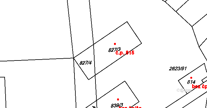 Rakvice 815 na parcele st. 827/3 v KÚ Rakvice, Katastrální mapa