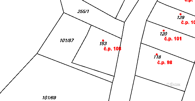 Štrampouch 108, Žáky na parcele st. 153 v KÚ Žáky, Katastrální mapa