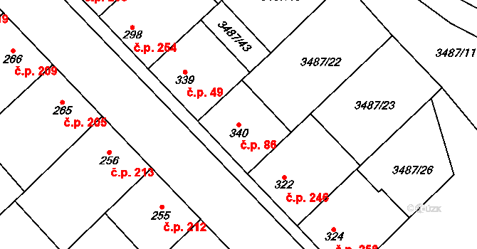 Sobůlky 86 na parcele st. 340 v KÚ Sobůlky, Katastrální mapa
