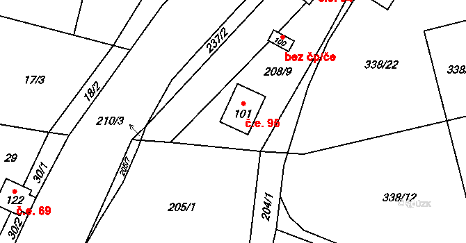 Hostěnice 95, Brozany nad Ohří na parcele st. 101 v KÚ Hostěnice u Brozan, Katastrální mapa