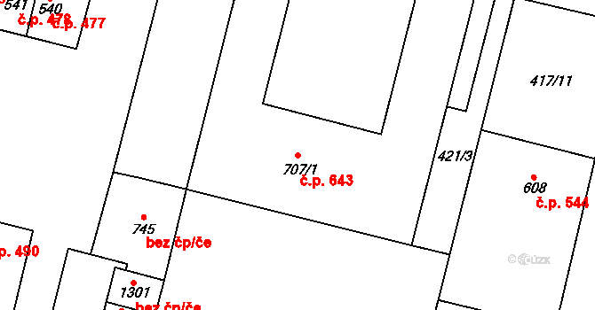 Libochovice 643 na parcele st. 707/1 v KÚ Libochovice, Katastrální mapa