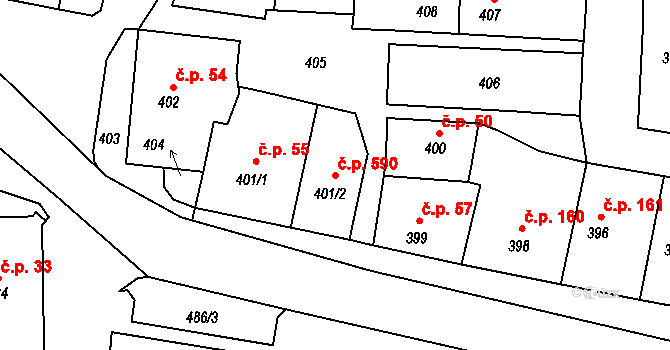 Batelov 590 na parcele st. 401/2 v KÚ Batelov, Katastrální mapa