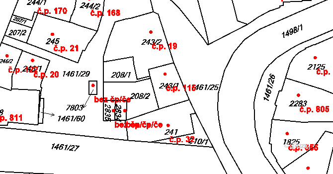 Horka-Domky 115, Třebíč na parcele st. 243/1 v KÚ Třebíč, Katastrální mapa