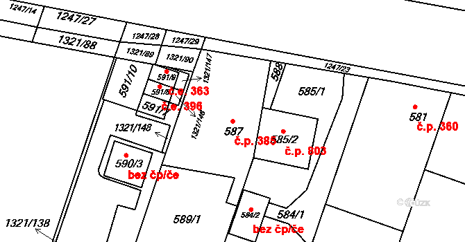 Bohunice 385, Brno na parcele st. 587 v KÚ Bohunice, Katastrální mapa