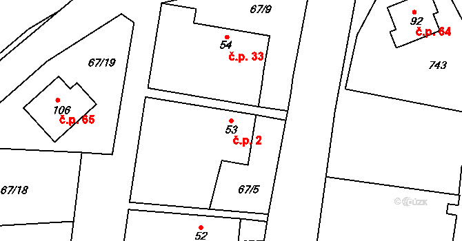 Skrýšov 2, Pelhřimov na parcele st. 53 v KÚ Skrýšov u Pelhřimova, Katastrální mapa