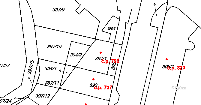 Pelhřimov 792 na parcele st. 394/1 v KÚ Pelhřimov, Katastrální mapa