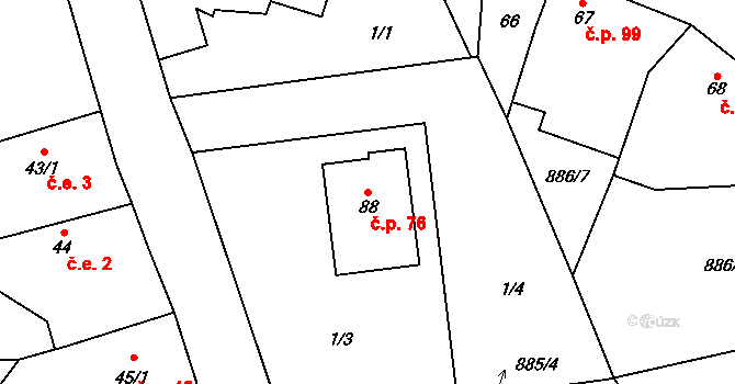 Okrouhlé Hradiště 76, Konstantinovy Lázně na parcele st. 88 v KÚ Okrouhlé Hradiště, Katastrální mapa