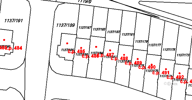 Čimice 487, Praha na parcele st. 1137/184 v KÚ Čimice, Katastrální mapa