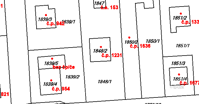 Kyje 1231, Praha na parcele st. 1848/2 v KÚ Kyje, Katastrální mapa