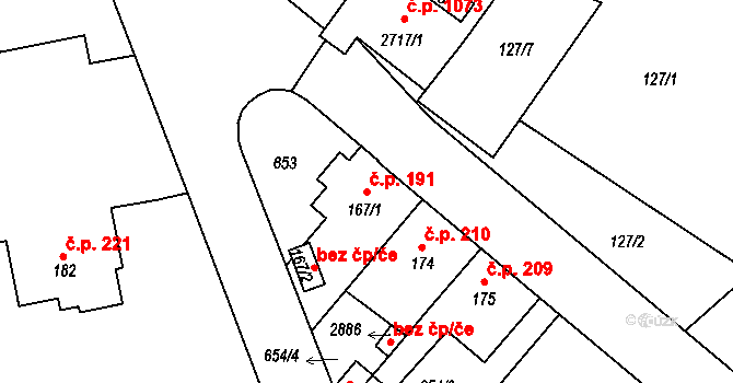 Sezimovo Ústí 191 na parcele st. 167/1 v KÚ Sezimovo Ústí, Katastrální mapa