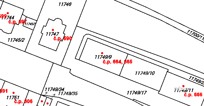 Severní Předměstí 664,665, Plzeň na parcele st. 11749/9 v KÚ Plzeň, Katastrální mapa