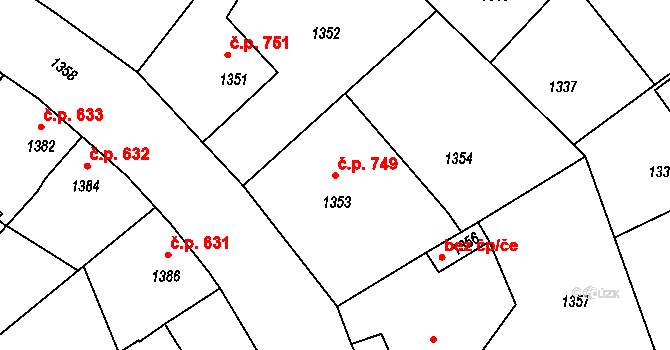 Pečky 749 na parcele st. 1353 v KÚ Pečky, Katastrální mapa