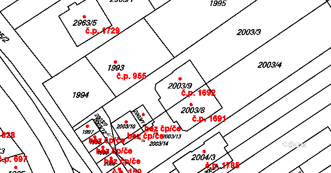 Šlapanice 1692 na parcele st. 2003/9 v KÚ Šlapanice u Brna, Katastrální mapa