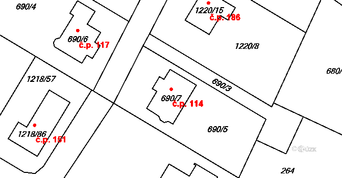 Železné 114 na parcele st. 690/7 v KÚ Železné, Katastrální mapa