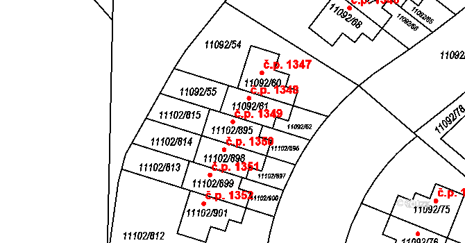 Severní Předměstí 1349, Plzeň na parcele st. 11102/895 v KÚ Plzeň, Katastrální mapa