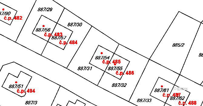 Jirny 485 na parcele st. 887/54 v KÚ Jirny, Katastrální mapa