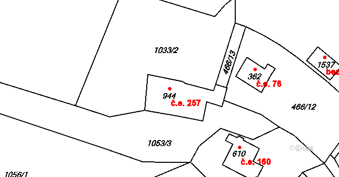 Vranov nad Dyjí 257 na parcele st. 944 v KÚ Vranov nad Dyjí, Katastrální mapa