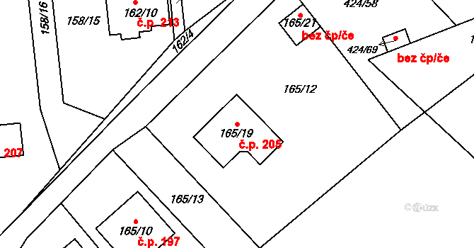 Hudcov 205, Teplice na parcele st. 165/19 v KÚ Hudcov, Katastrální mapa