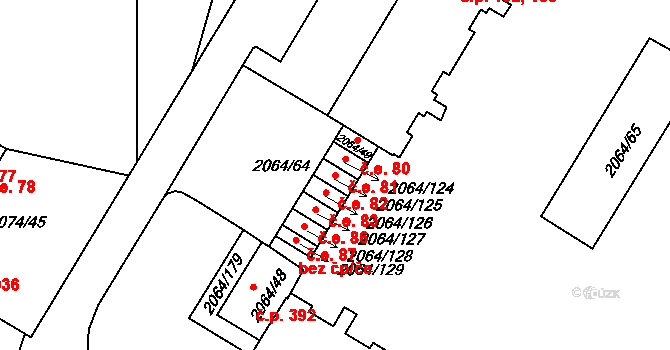 Brňany 82, Vyškov na parcele st. 2064/125 v KÚ Vyškov, Katastrální mapa