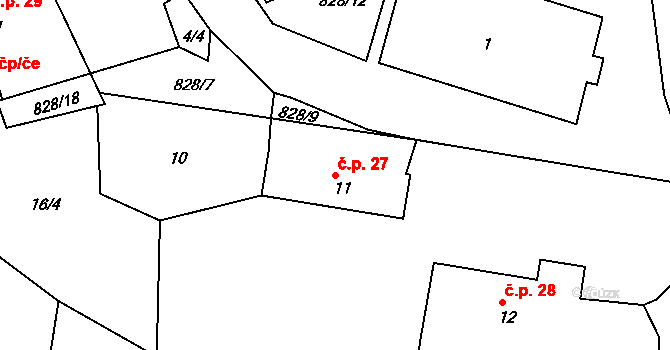 Cerhonice 27 na parcele st. 11 v KÚ Cerhonice, Katastrální mapa