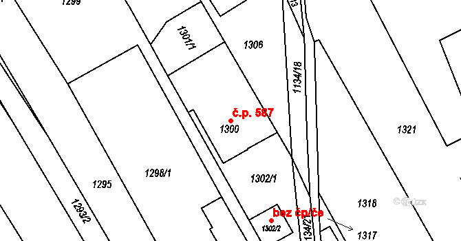 Buchlovice 587 na parcele st. 1300 v KÚ Buchlovice, Katastrální mapa