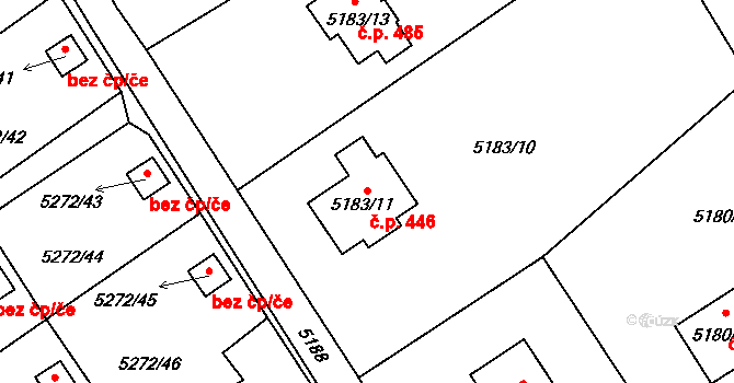 Lískovec 446, Frýdek-Místek na parcele st. 5183/11 v KÚ Lískovec u Frýdku-Místku, Katastrální mapa