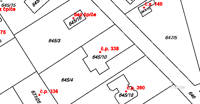 Josefov 338, Jaroměř na parcele st. 645/10 v KÚ Josefov u Jaroměře, Katastrální mapa