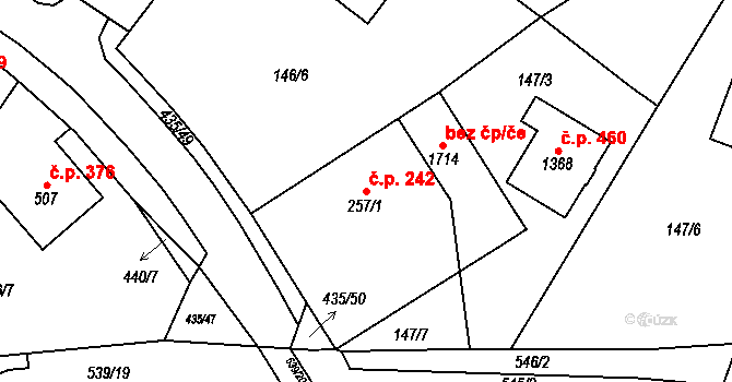 Pardubičky 242, Pardubice na parcele st. 257/1 v KÚ Pardubičky, Katastrální mapa