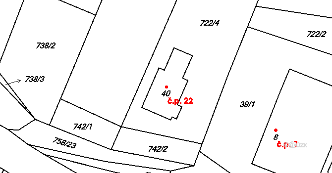 Prostřední Vydří 22, Dačice na parcele st. 40 v KÚ Prostřední Vydří, Katastrální mapa