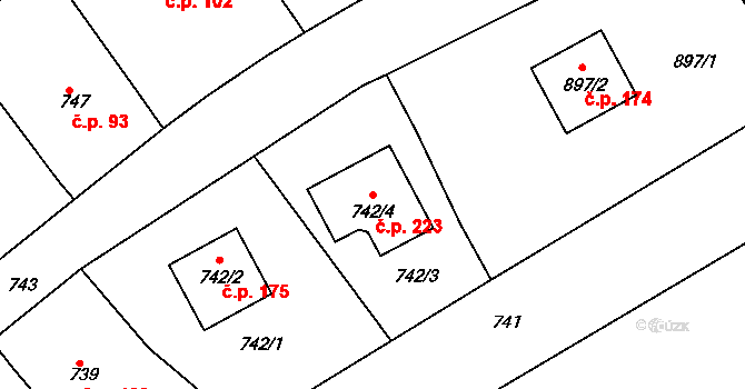 Sentice 223 na parcele st. 742/4 v KÚ Sentice, Katastrální mapa