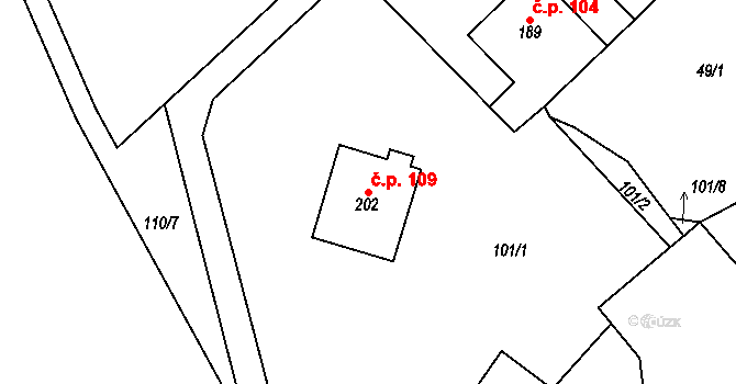 Hvozdec 109 na parcele st. 202 v KÚ Hvozdec, Katastrální mapa