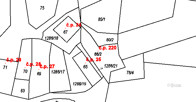 Rychtářov 220, Vyškov na parcele st. 66/2 v KÚ Rychtářov, Katastrální mapa