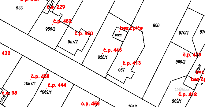 Hrušovany u Brna 445 na parcele st. 958/1 v KÚ Hrušovany u Brna, Katastrální mapa