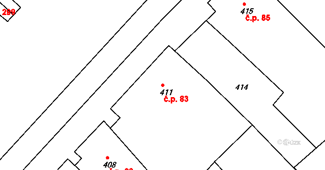 Šaratice 83 na parcele st. 411 v KÚ Šaratice, Katastrální mapa