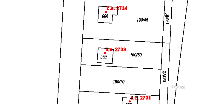 Těptín 2733, Kamenice na parcele st. 882 v KÚ Těptín, Katastrální mapa