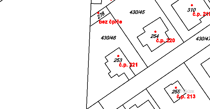 Přezletice 221 na parcele st. 253 v KÚ Přezletice, Katastrální mapa