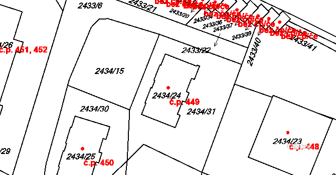 Dačice V 449, Dačice na parcele st. 2434/24 v KÚ Dačice, Katastrální mapa