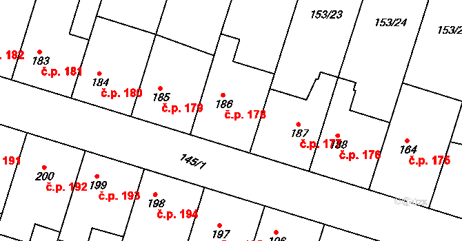 Skřivany 178 na parcele st. 186 v KÚ Skřivany, Katastrální mapa