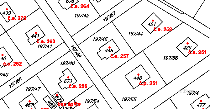 Svojetice 257 na parcele st. 445 v KÚ Svojetice, Katastrální mapa