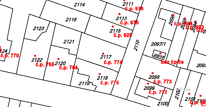 Husovice 774, Brno na parcele st. 2117 v KÚ Husovice, Katastrální mapa