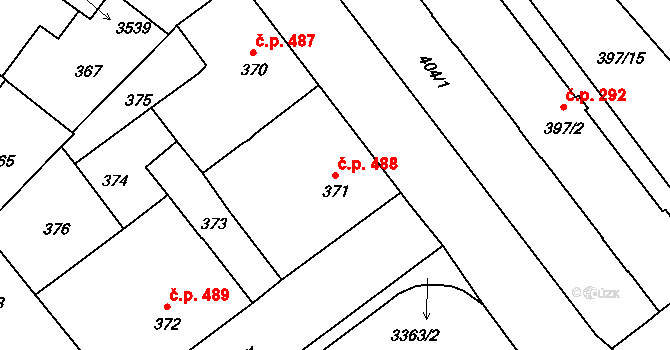 Pelhřimov 488 na parcele st. 371 v KÚ Pelhřimov, Katastrální mapa