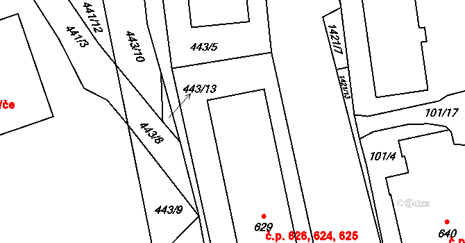 Blovice 624,625,626 na parcele st. 629 v KÚ Blovice, Katastrální mapa