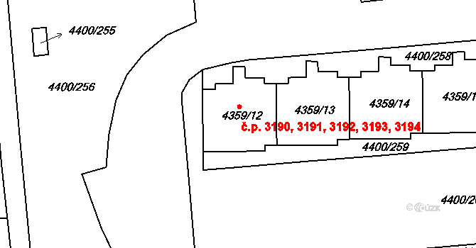 Modřany 3190,3191,3192,3193,, Praha na parcele st. 4359/12 v KÚ Modřany, Katastrální mapa