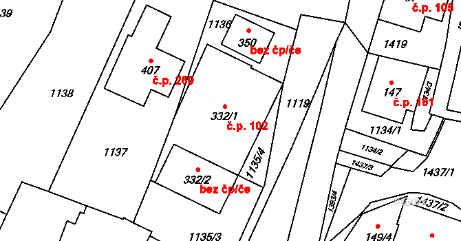 Černý Důl 102 na parcele st. 332/1 v KÚ Černý Důl, Katastrální mapa