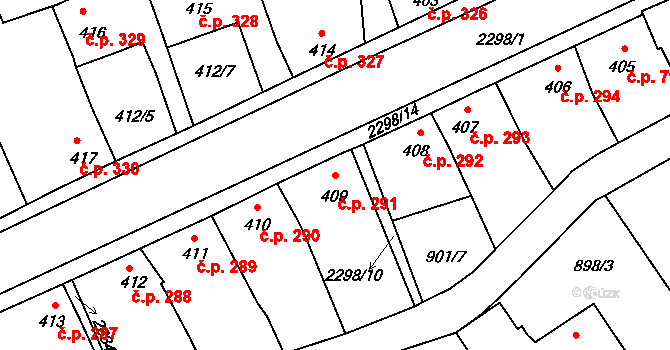 Rožmitál pod Třemšínem 291 na parcele st. 409 v KÚ Rožmitál pod Třemšínem, Katastrální mapa