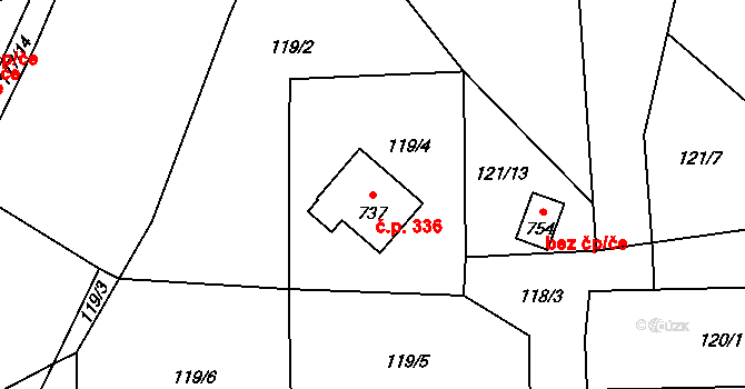 Dubá 336 na parcele st. 737 v KÚ Dubá, Katastrální mapa