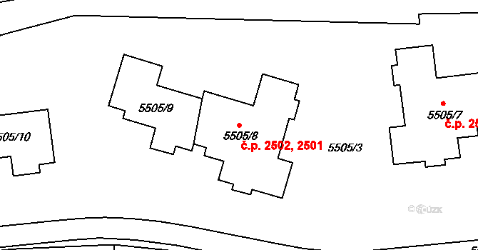 Česká Lípa 2501,2502 na parcele st. 5505/8 v KÚ Česká Lípa, Katastrální mapa