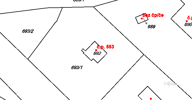 Křimice 553, Plzeň na parcele st. 692 v KÚ Křimice, Katastrální mapa