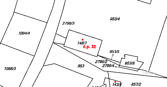 Kolný 32, Lišov na parcele st. 148/1 v KÚ Kolný, Katastrální mapa