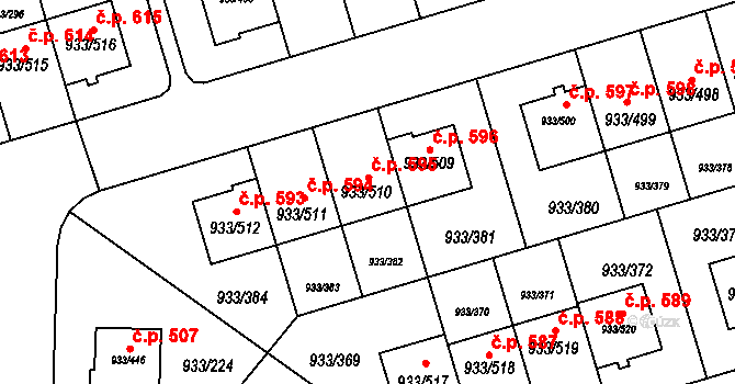 Satalice 595, Praha na parcele st. 933/510 v KÚ Satalice, Katastrální mapa